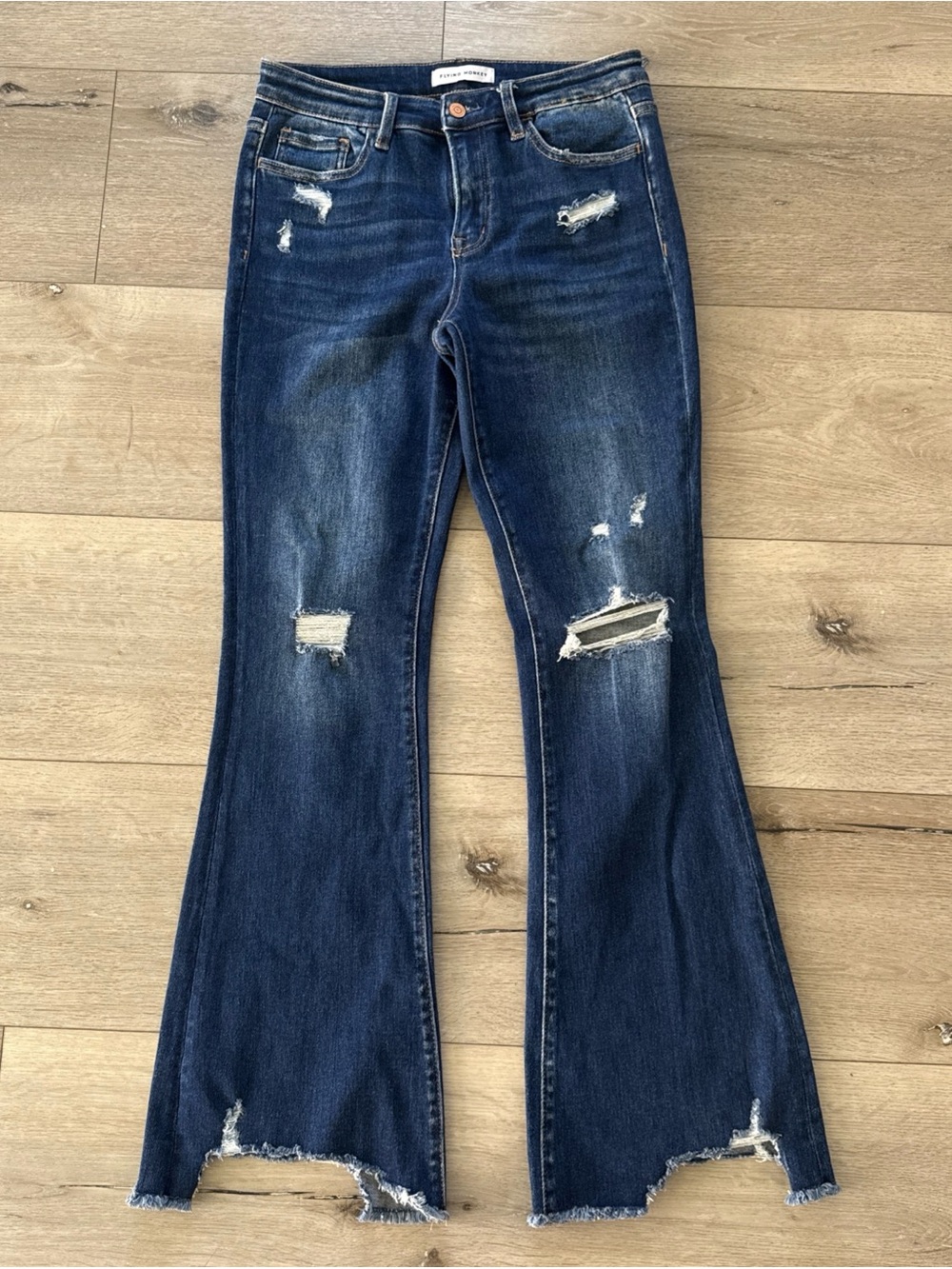 Flying Monkey High Rise Distressed Raw Hem Flare Jeans Blue Denim Size 28